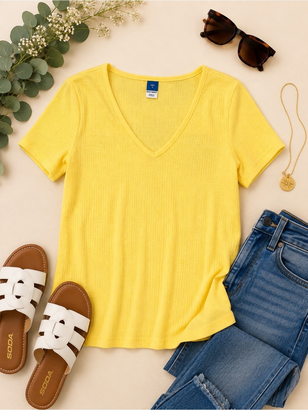 Old Navy Luxe Yellow Ribbed V-Neck Tee Top Size Small